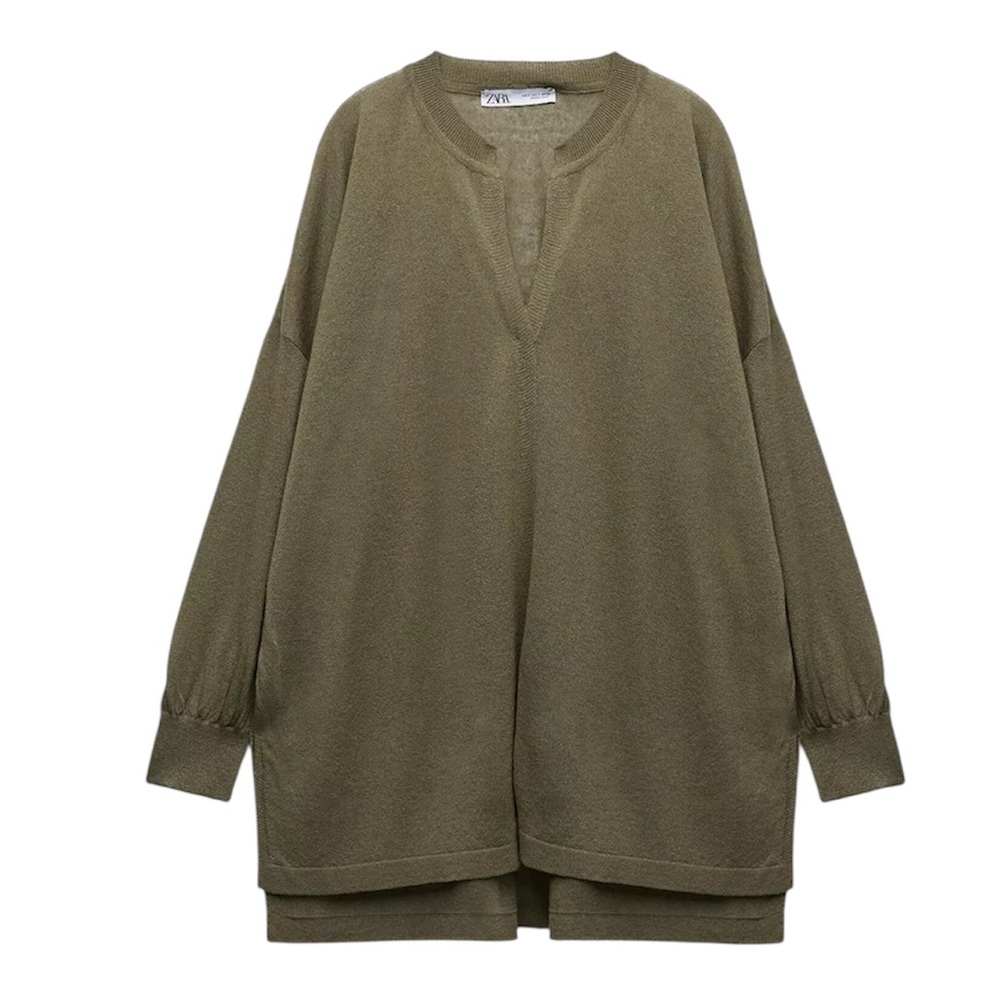 ZARA Women's Olive Henley Sparkle Long Sleeve Knit Top Sweater S